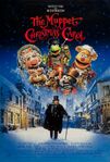 Scrooge trudging through the snow at the bottom of the poster.