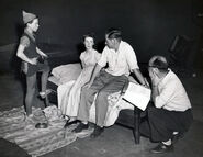 Bobby Driscoll and Kathryn Beaumont during the shooting of live-action reference footage for Peter Pan with Wilfred Jackson and McLaren Stewart.