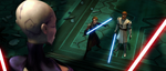 Asajj Ventress fights Anakin Skywalker and Obi-Wan Kenobi.