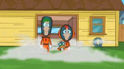 Phineas and Ferb in their space suits