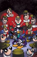 The Beagle family from DuckTales surrounds Darkwing Duck (despite not appearing in the actual story arc).