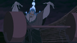 Hades angrily throws dumbbells at Hercules