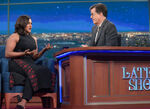 Mindy Kaling visiting the The Late Show with Stephen Colbert in October 2016.