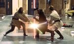 Darth Maul wields his double-bladed lightsaber while fighting Qui-Gon and Obi-Wan.