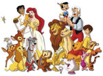 Some Disney characters together in this image for the back cover of the 2001 DVD to Mickey's Magical Christmas: Snowed in at the House of Mouse