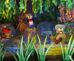 Br'er Dog next to Br'er Raccoon and Br'er Porcupine in the "How Do You Do?" sequence in Splash Mountain.