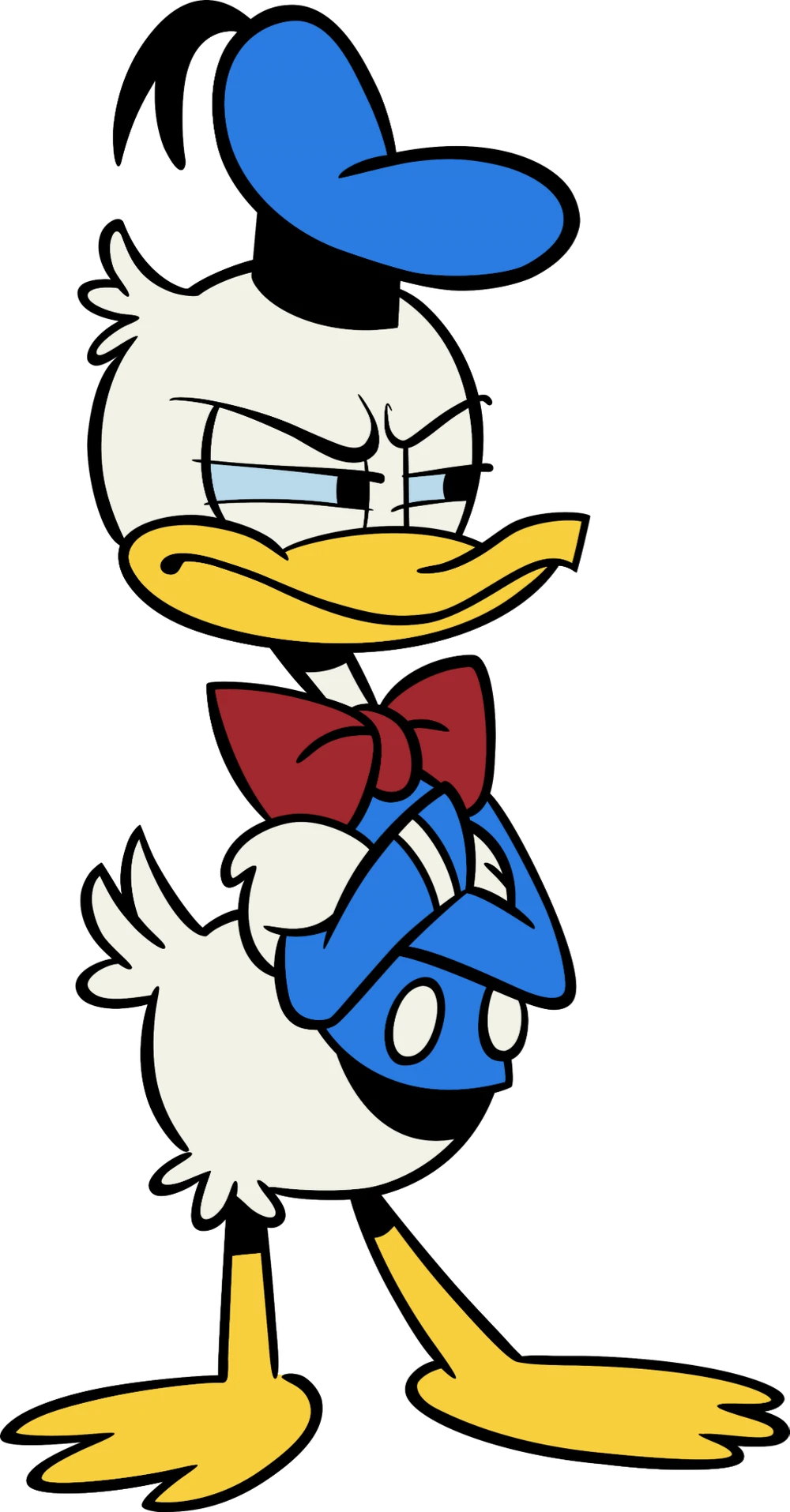 Donald Duck, specifically the Paul Rudish version, has an annoyed glare with crossed arms Donald Duck, specifically the Paul Rudish version, has an annoyed glare with crossed arms