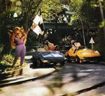 Chip and Dale racing down Rescue Ranger Raceway at Disneyland.