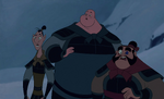 Yao, Ling, and Chien-Po expressing shock when Mulan is revealed as a woman.