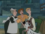 Roger, Anita, Nanny, and Pongo are startled at the sudden appearance of Cruella De Vil.
