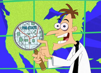 El Dr. Doofenshmirtz señala el Área de los Tres Estados en el mapa.