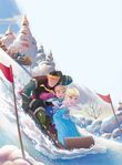 Kristoff, Anna, and Elsa in a toboggan race