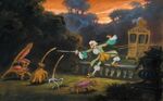 Marquis Gaston duelling against several of the enchanted objects