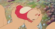 Ponyo licking Sosuke's wound.