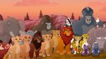 Timon alongside Pumbaa, Simba, Kiara, Kovu, Rafiki, Nala, Zazu and other Pridelanders attending the wedding/coronation of Kion.