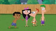 Baljeet, Isabella, Phineas, and Ferb in their swimwear