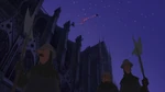Frollo's soldiers guard the cathedral, unaware that Quasimodo is helping Esmeralda escape.