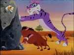 The tigress and Pumbaa trying to lift a rock