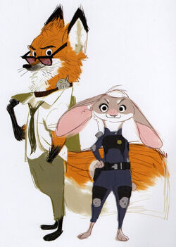 Character designs for the characters Nick Wilde (drawn with a "tame collar") and Judy Hopps by artist Nick Orsi.