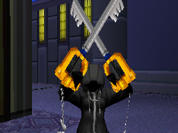 Roxas summons two Kingdom Keys, which soon after turns into Oathkeeper and Oblivion, to fight off a horde of Neoshadows.