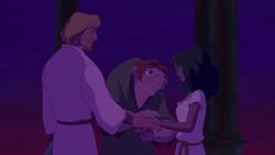 Esmeralda reuniting with Phoebus and Quasimodo, after Frollo's demise.