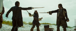 James Norrington about to attack Jack Sparrow and Will Turner.