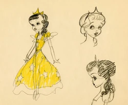 Grim Natwick's exploratory sketches of Snow White, reflecting an earlier cartoonish approach to character design.