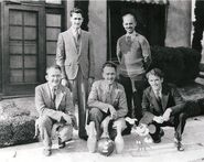 The Disney Bowling Team: Standing, from left: Les Clark, Sharpsteen Kneeling, from left: Gilson, Ub Iwerks, Johnny Cannon