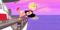 Isabella and Phineas watching the sunset on a boat