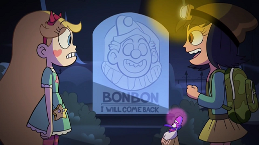 Bon Bon the Birthday Clown - Star and Janna in front of Bon Bon's tombstone