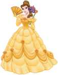 Belle holding a fan and a mask