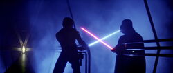Vader in a lightsaber duel against his son Luke.