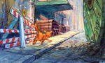 Concept art of Oliver in the city.