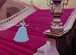 Cinderella accidentally losing her glass slipper while fleeing the ball.