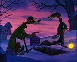 Weasels as gravediggers for Tiny Tim's funeral, as well as Scrooge's funeral