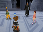 Kairi, Riku, Donald, and Goofy walk up to Sora after defeating Luxord.