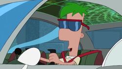 Ferb driving Meap's modified spaceship.