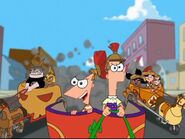 Phineas and Ferb along with their friends racing chariots throughout Danville.