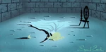 A concept painting of Aurora lying asleep near the spinning wheel by Eyvind Earle.