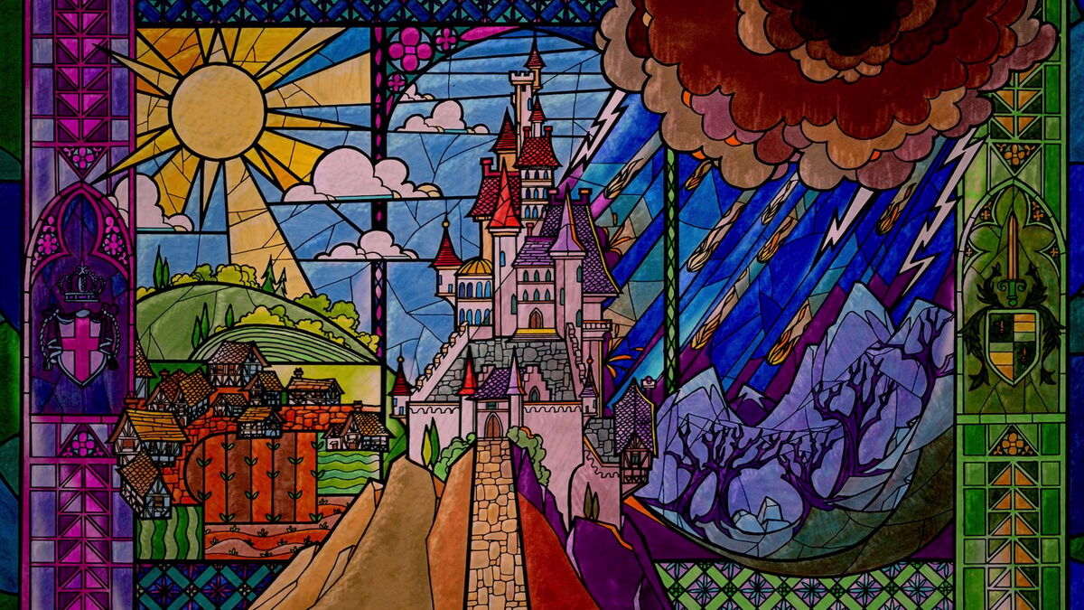 Stained glass window with Sleeping Beauty's parents. King and