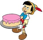 Pinocchio holding a cake.