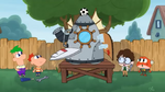 Chibi Phineas, Ferb, Dylan, and Hop Pop launching a rocket.