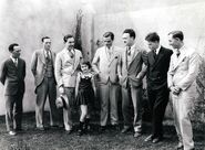 Left to right: Freleng, Harman, Disney, Hardwick, Ising, Iwerks, Harman, Roy O. Disney