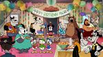 Humphrey the Bear, Clara Cluck, Chip and Dale, Huey, Dewey, and Louie, Horace Horsecollar, Clarabelle Cow, Pete, and Mary Poppins in "The Birthday Song"