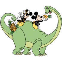 Minnie y Mickey subidos a un dinosaurio.