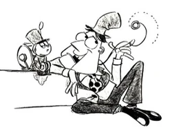 Tinny with the ventriloquist dummy in one of the original sketches for Toy Story.