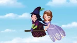 Lucinda and Sofia flying on a broomstick