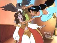 Princess Jasmine trying to tackle Queen Deluca to the ground and scare King Zahbar away.