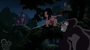 Young Tarzan helping Kerchak by throwing coconuts at Tublat in a flashback