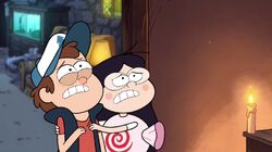 Candy hugging Dipper in fear